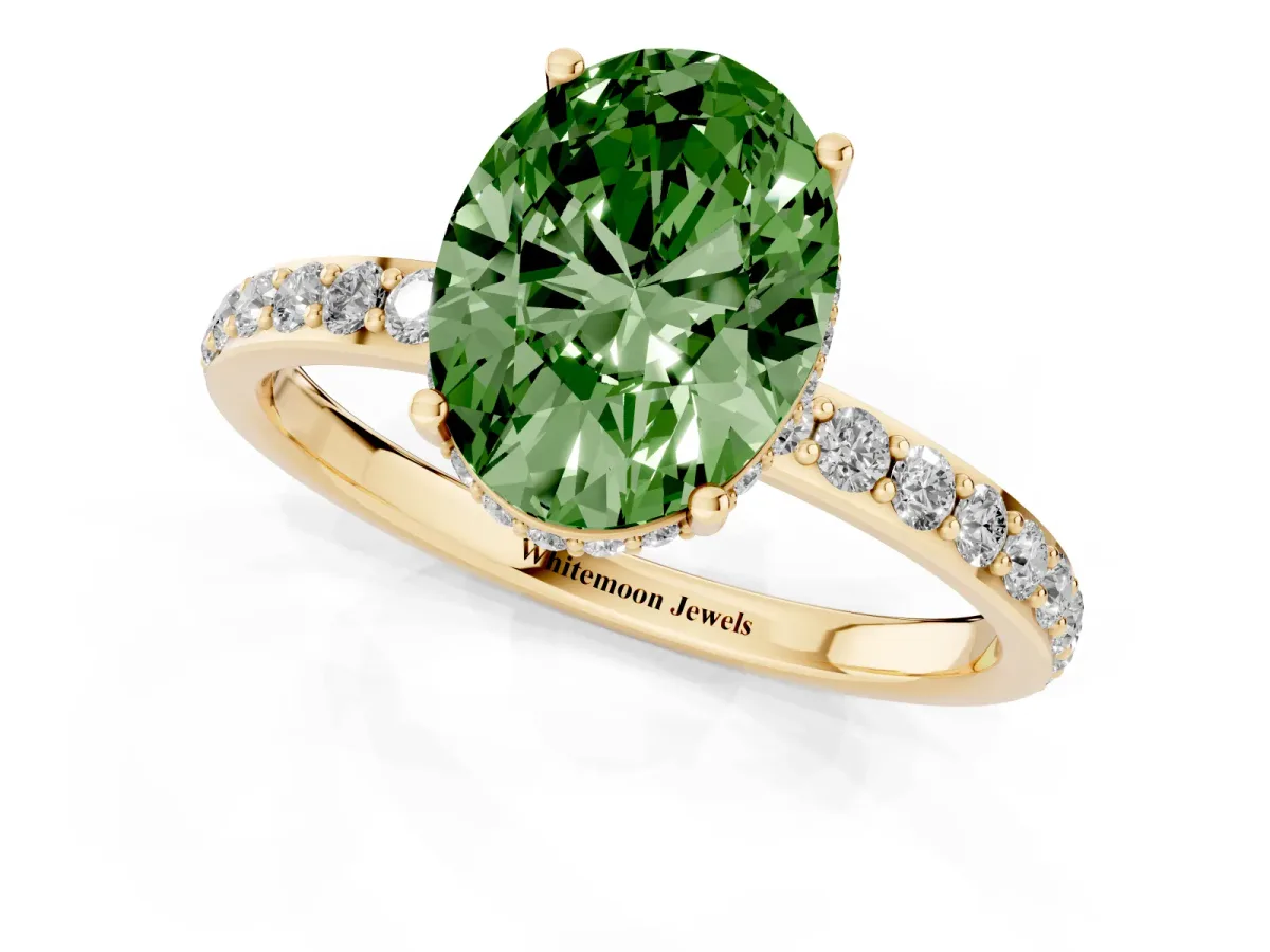 Fancy Green Oval Cut Diamond Solitaire Ring with Pavé Band and Hidden Halo Yellow gold