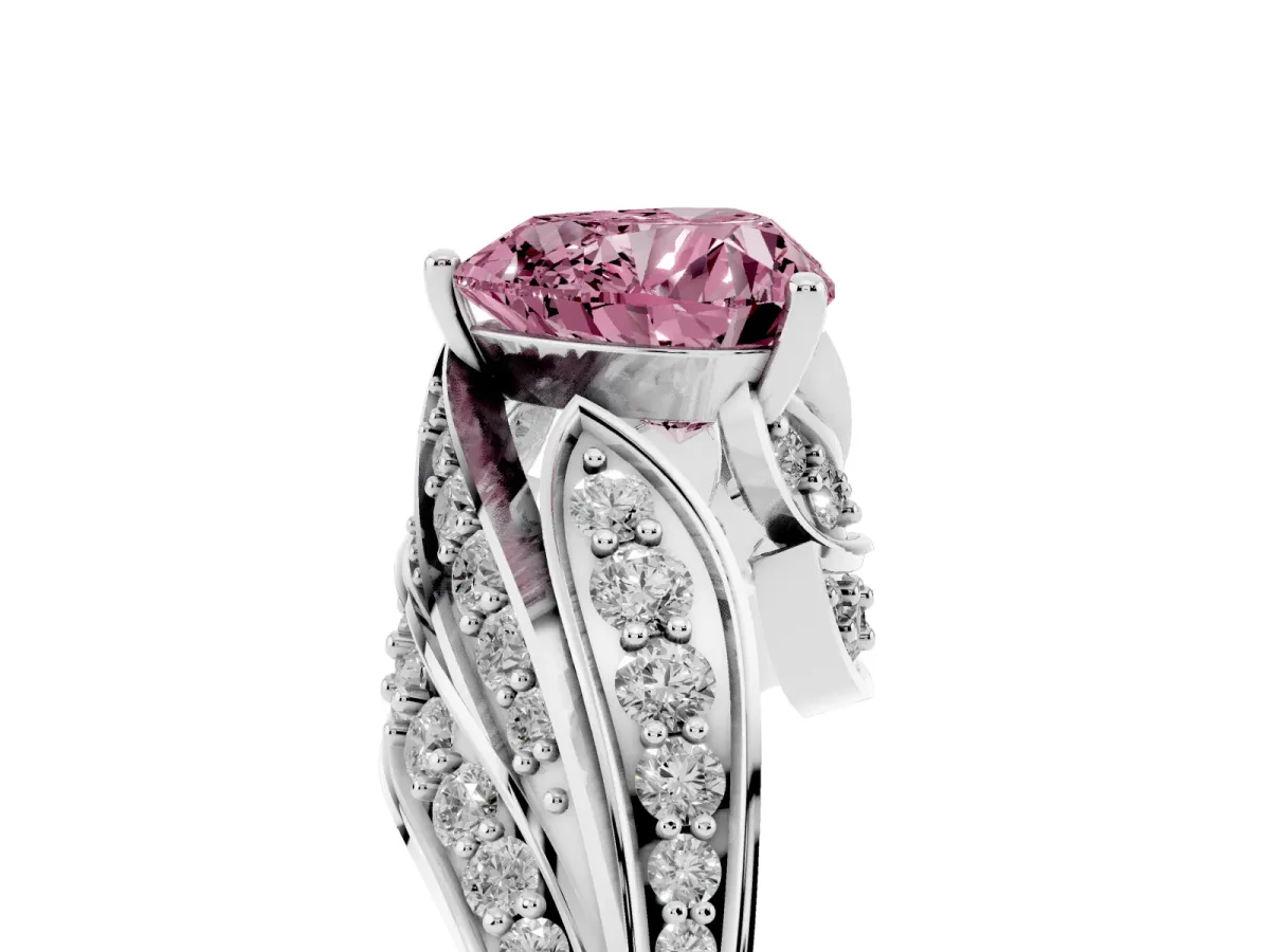 Fancy Pink Heart Cut Diamond Solitaire Ring with Prong Setting and Twisted Pavé Band Silver