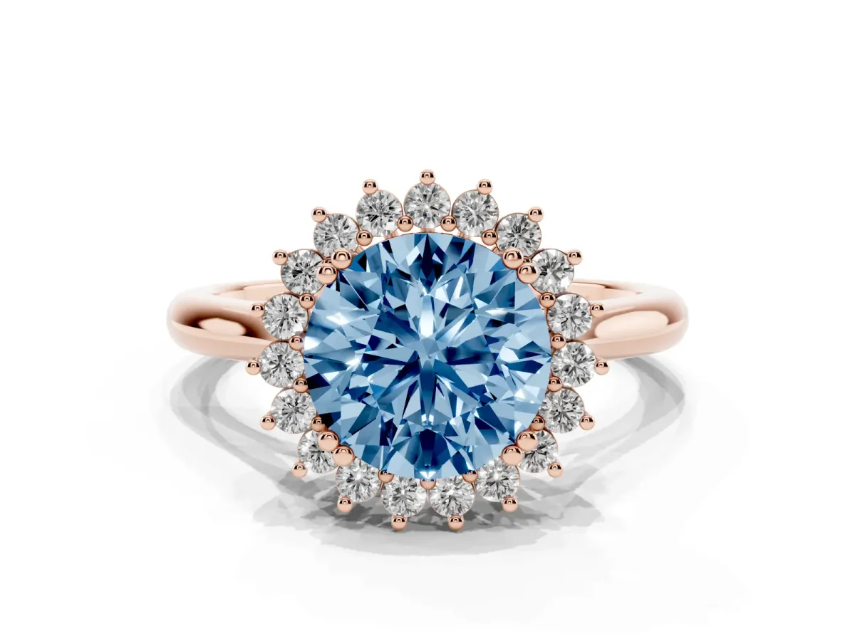 Fancy Blue Round Cut Cut Diamond Halo Ring with Solitaire Band and Prong Setting Rose gold