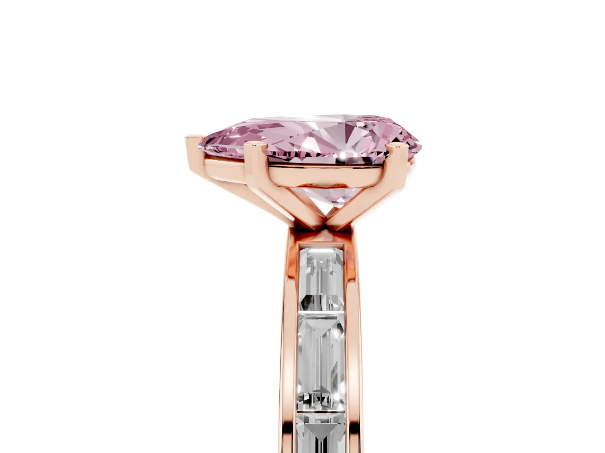 Fancy Pink Pear Cut Solitaire Diamond Ring with Channel-Set Baguette Band and Four-Prong Setting Rose gold