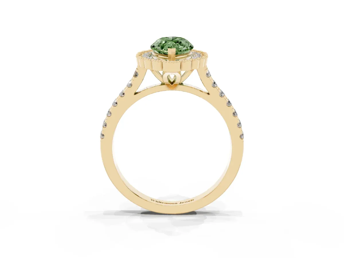 Fancy Green Marquise Cut Cut Diamond Milgrain Floral Halo Engagement Ring with Pavé Band Yellow gold