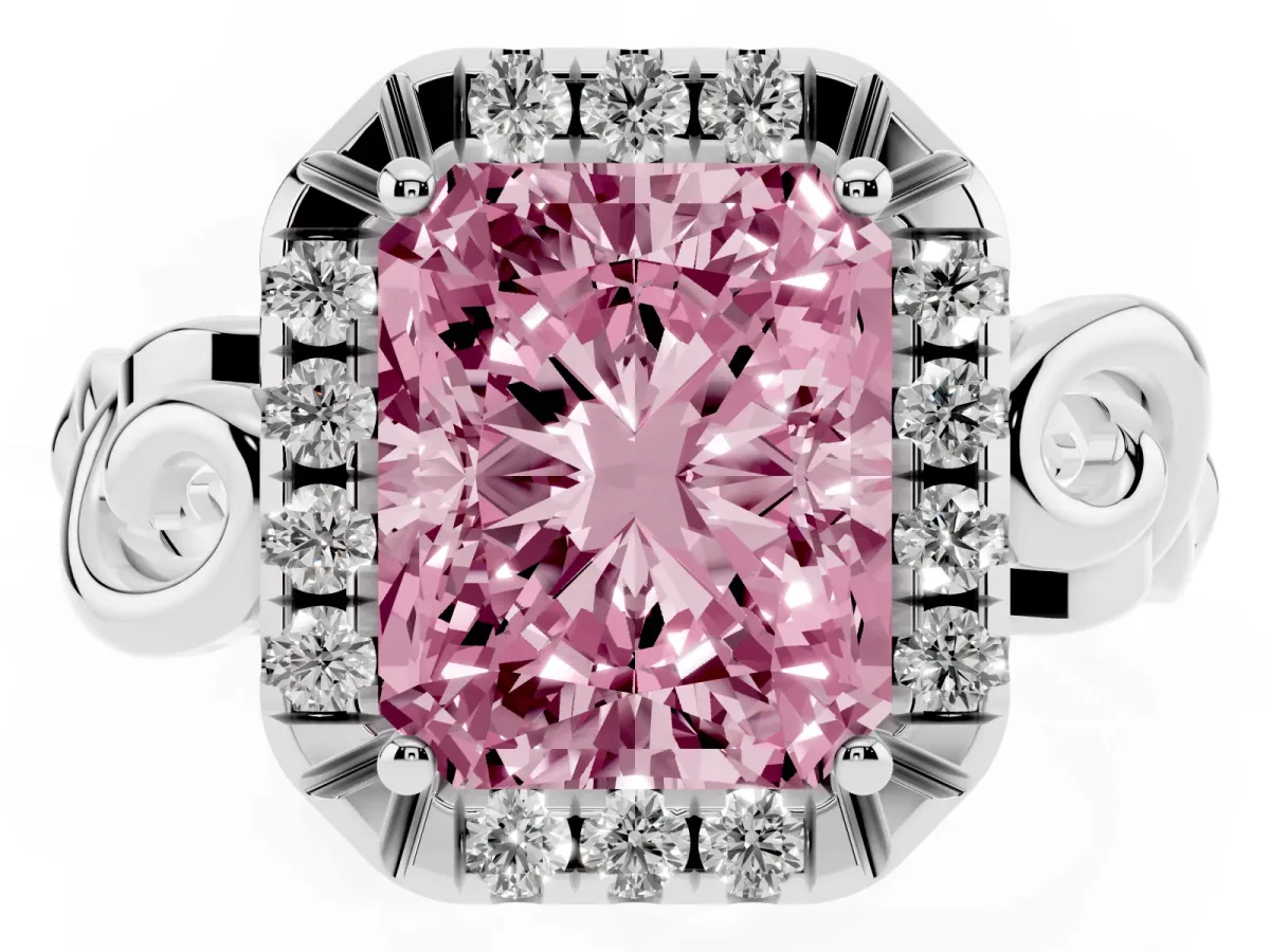 Fancy Pink Radiant Cut Cut Halo Diamond Ring with Scrollwork Band and Four-Prong Setting Silver