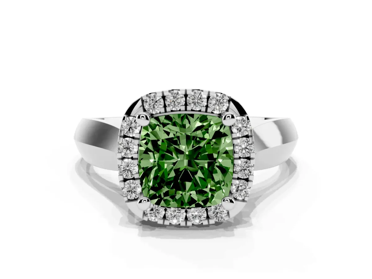 Fancy Green Cushion Cut Cut Halo Solitaire Engagement Ring with Square Band and Four-Prong Setting White gold