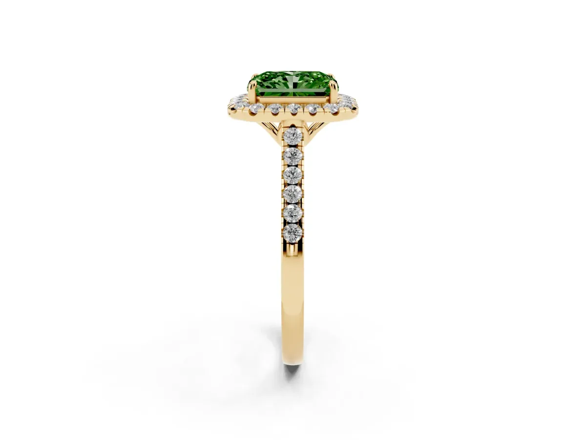 Fancy Green Radiant Cut Halo Pavé Diamond Engagement Ring with Four-Prong Setting Yellow gold