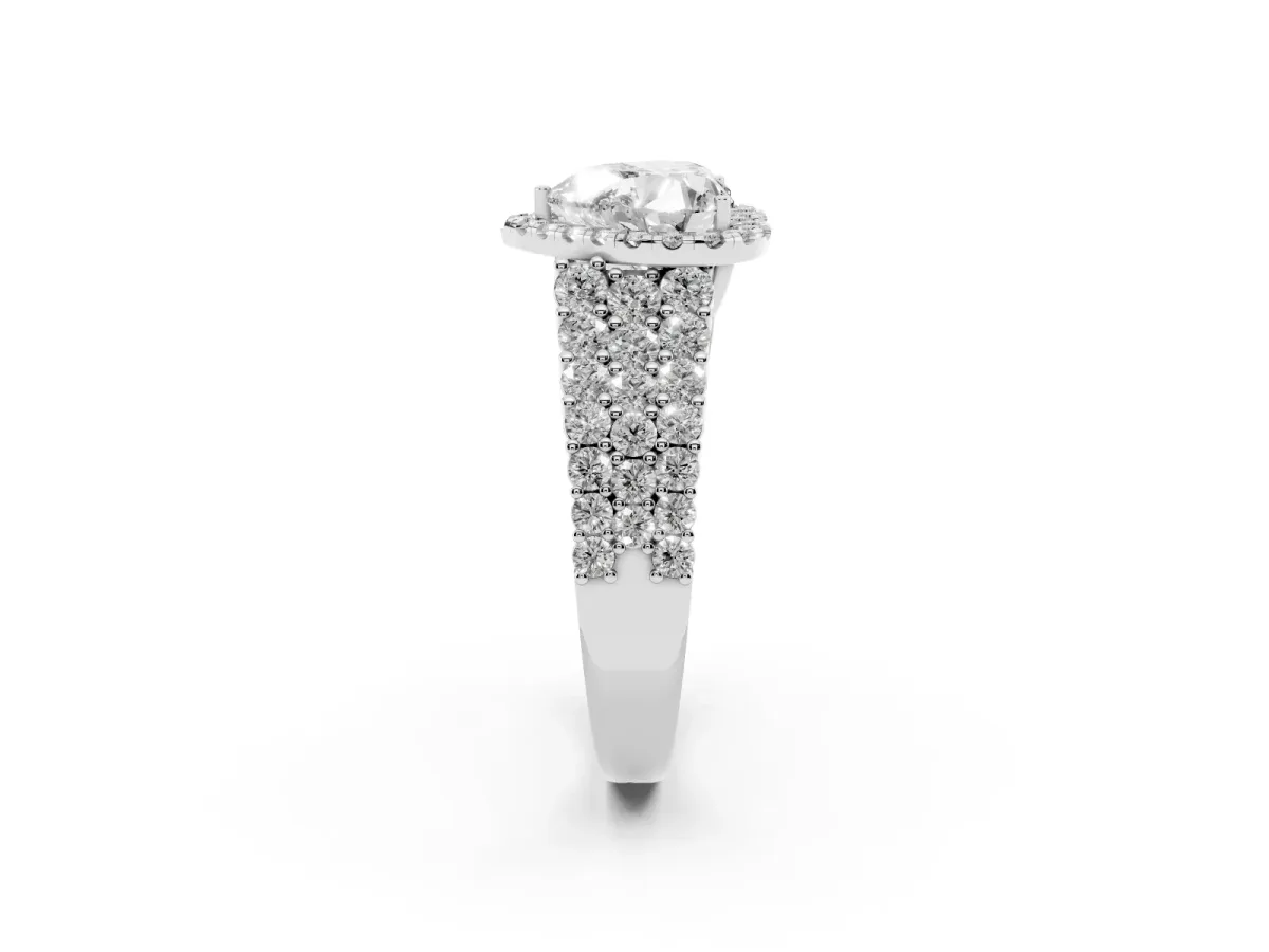 Heart Cut Diamond Halo Engagement Ring with Triple Row Round Pavé Band and Prong Setting Silver