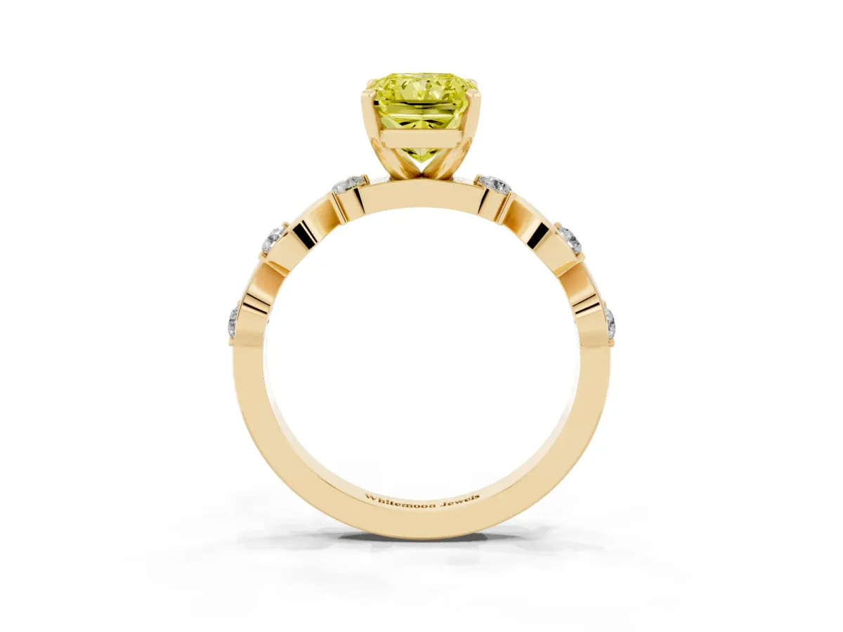 Fancy Yellow Radiant Cut Diamond Solitaire Twisted Band with Round Accents and Prong Setting Yellow gold