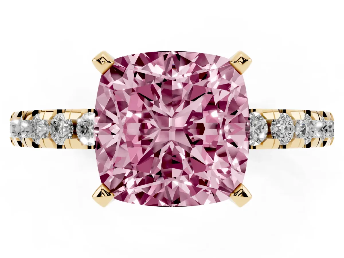 Fancy Pink Cushion Cut Diamond Solitaire Ring with Round Pavé Band and Four-Prong Setting Yellow gold