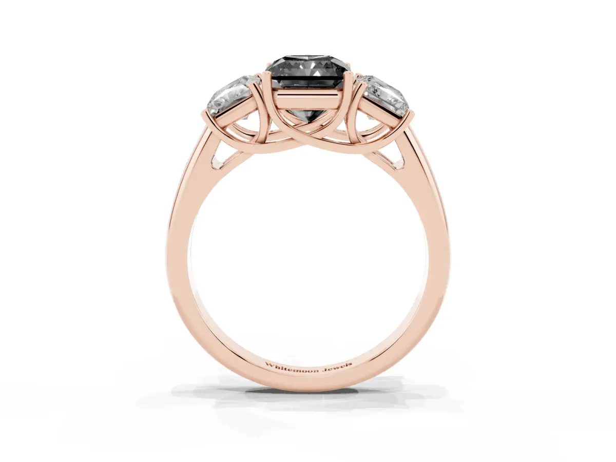 Fancy Black Three-Stone Radiant Cut Diamond Engagement Ring with Prong Setting Rose gold