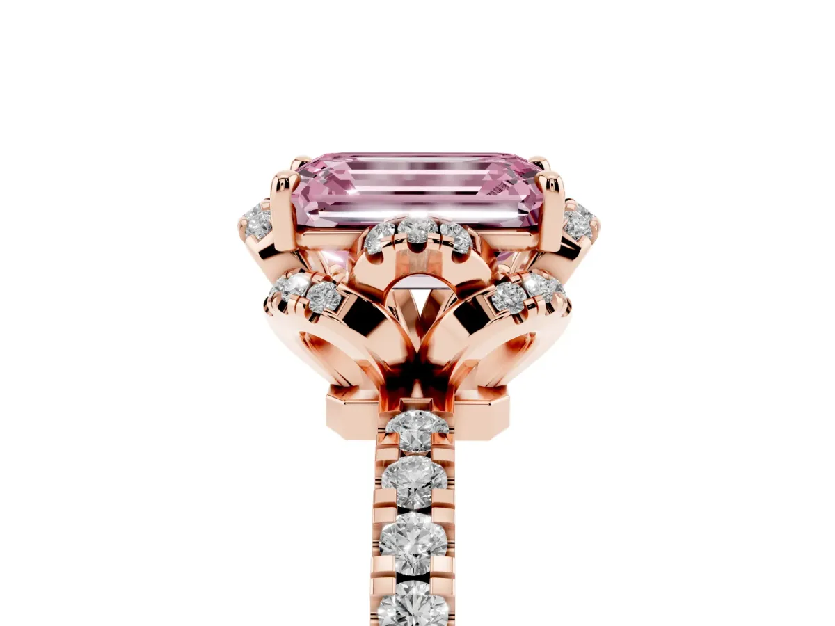 Fancy Pink Emerald Cut Halo Diamond Pave Band Ring with Four-Prong Setting Rose gold