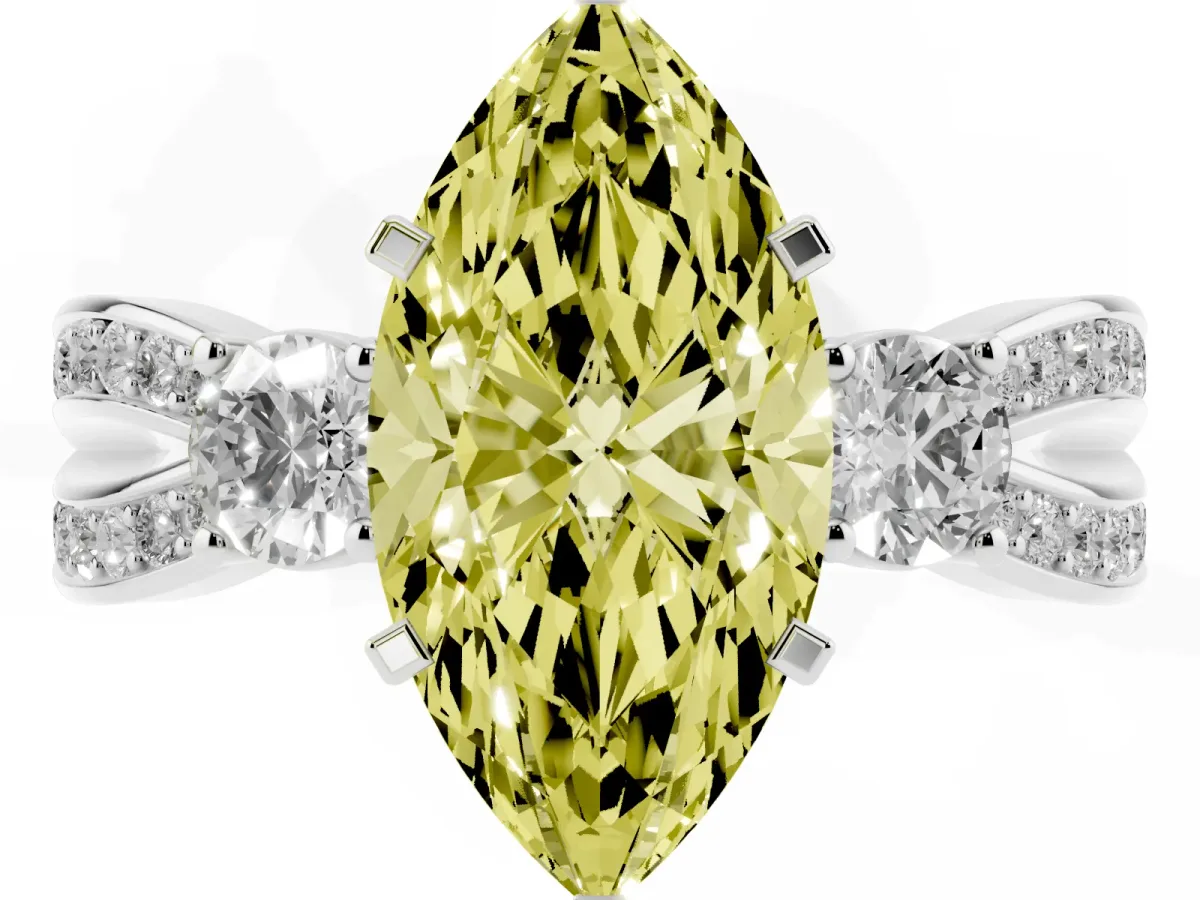 Fancy Yellow Three-Stone Marquise Cut Cut Diamond Twist Band with Prong Setting Platinum