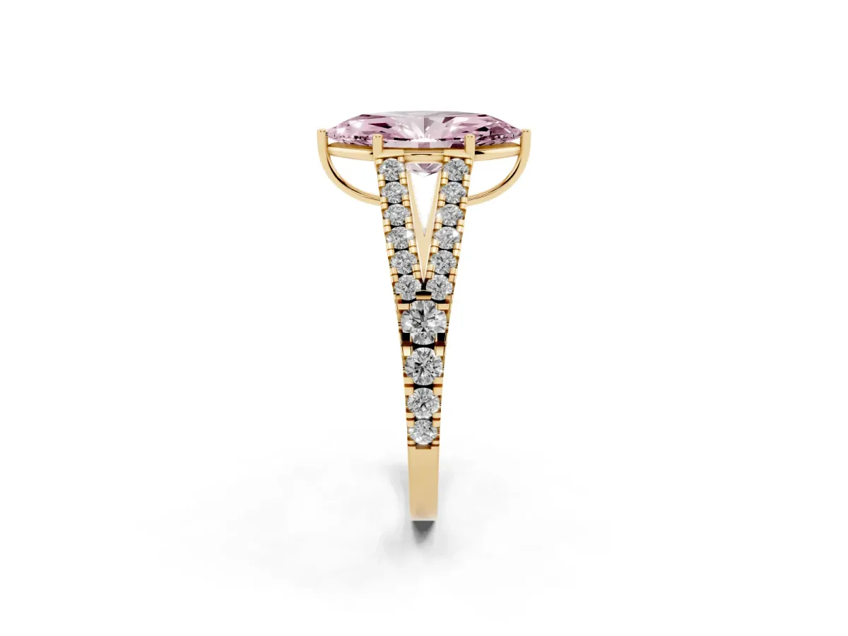 Fancy Pink Marquise Cut Diamond Split Shank Pavé Engagement Ring with Four-Prong Setting Yellow gold