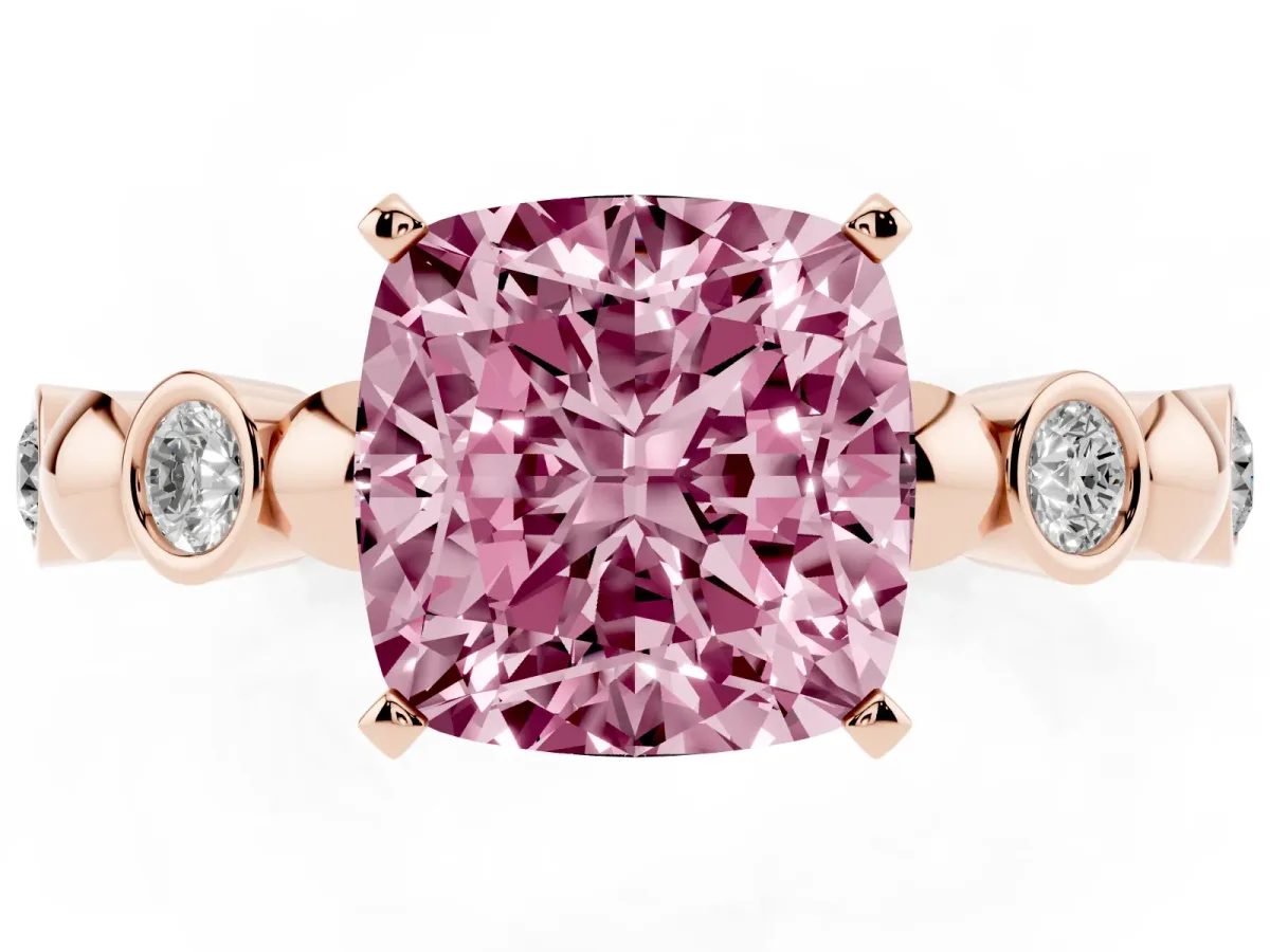 Fancy Pink Cushion Cut Solitaire Bezel-Set Diamond Ring with Beaded Band and Four-Prong Setting Rose gold