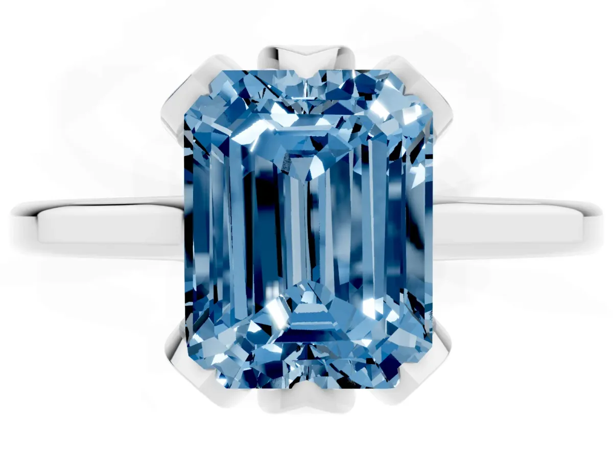 Fancy Blue Emerald Cut Diamond Solitaire Ring with Flower Prong Setting and Classic Band Silver