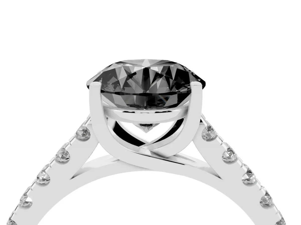 Fancy Black Round Cut Diamond Pavé Band Solitaire Ring with Prong Setting Silver