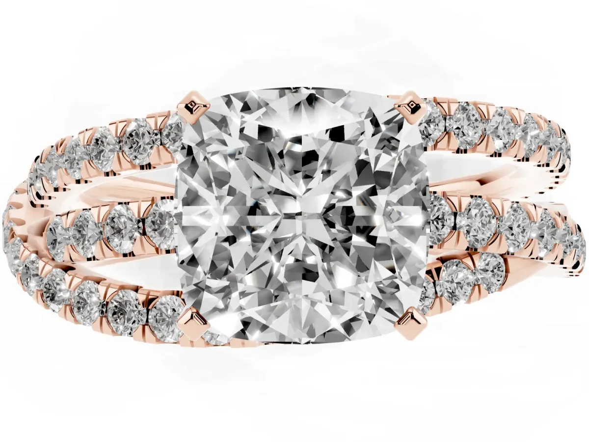 Cushion Cut Solitaire Twist Band with Pavé Setting and Four-Prong Setting Rose gold