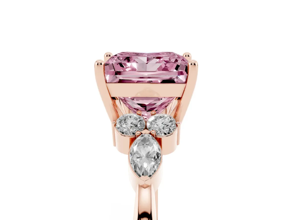Fancy Pink Princess Cut Brilliant Diamond Solitaire Ring with Pear Side Stones and Four-Prong Setting Rose gold