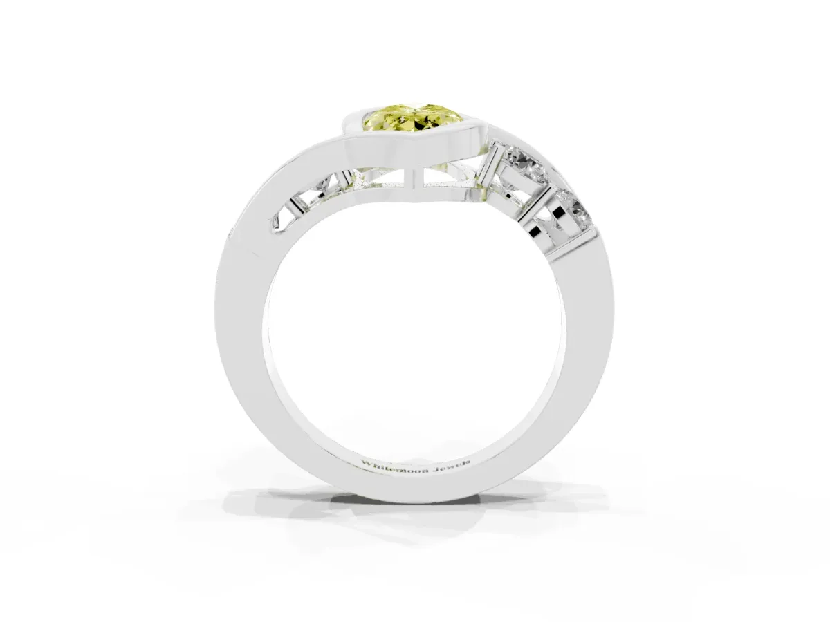 Fancy Yellow Bezel Set Marquise Cut Diamond Bypass Ring with Round Accents Silver