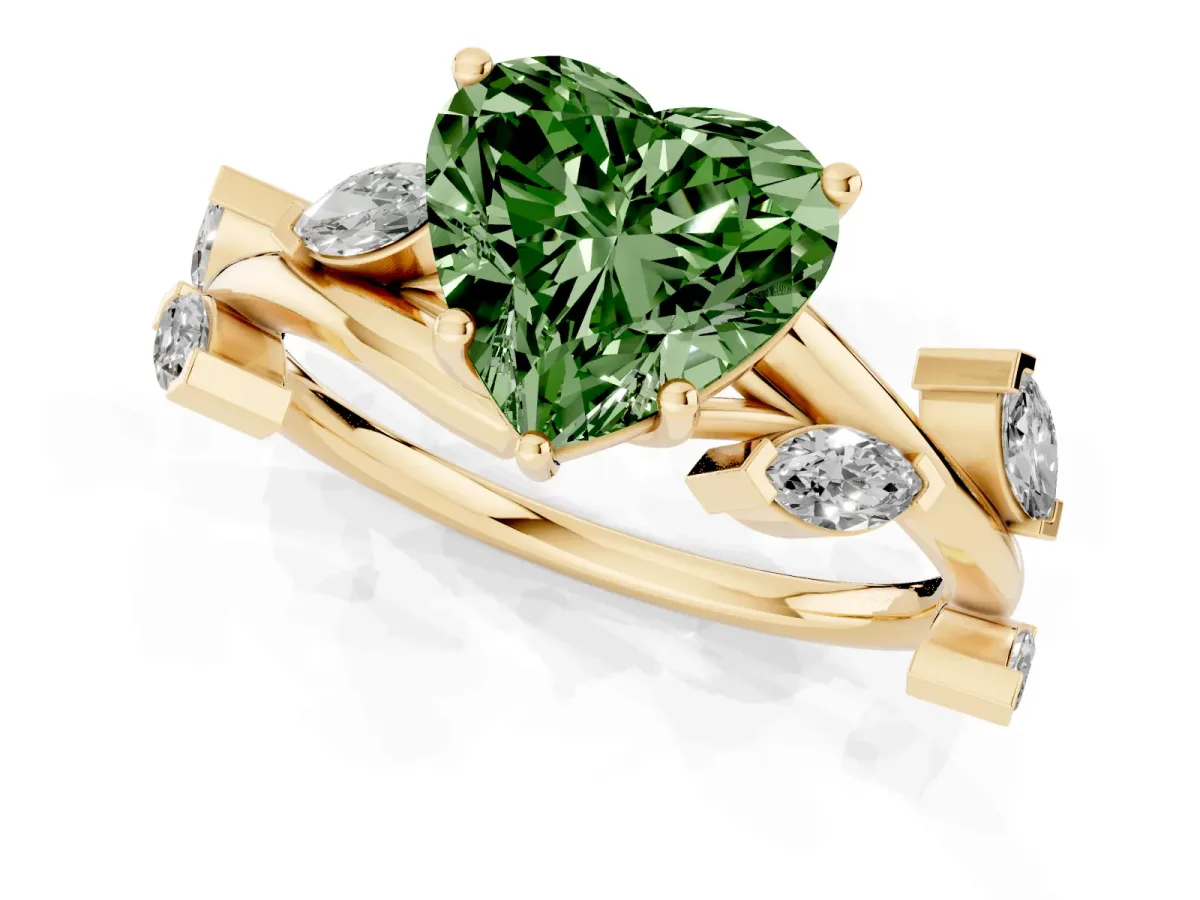 Fancy Green Heart Cut Solitaire Twisted Band Marquise Accent Prong Setting Ring Yellow gold