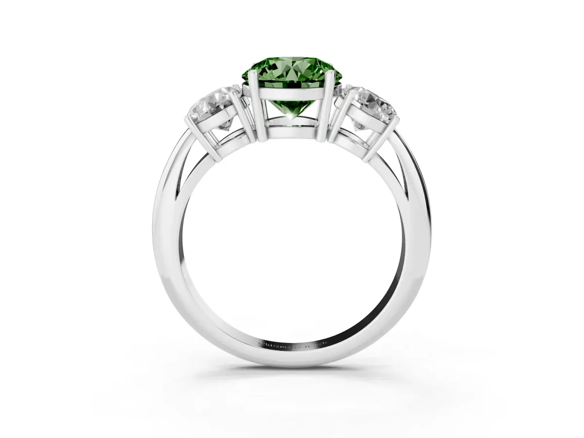Fancy Green Three-Stone Round Cut Cut Diamond Engagement Ring with Prong Setting on a White Gold Band Silver