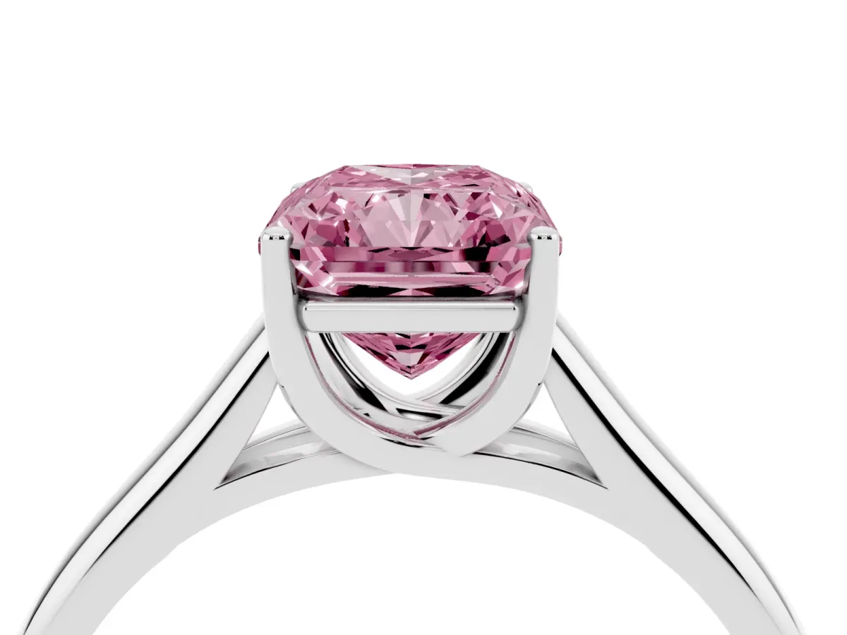 Fancy Pink Radiant Cut Solitaire Engagement Ring with Tapered Band and Four-Prong Setting Silver