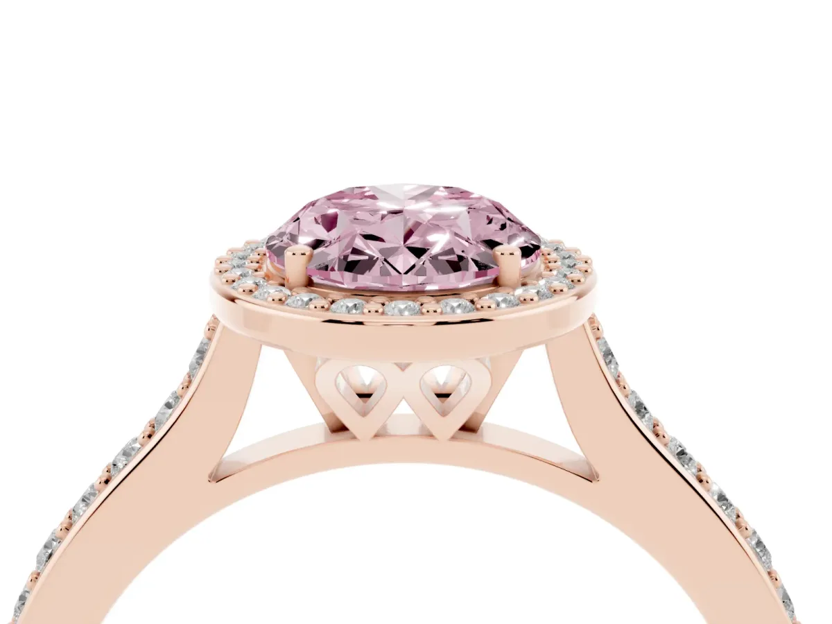 Fancy Pink Oval Cut Diamond Halo Engagement Ring with Round Pavé Shoulders and Prong Setting Rose gold
