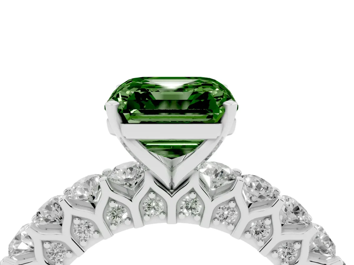 Fancy Green Asscher Cut Diamond Solitaire Ring with Shared Prong Pavé Band and Four-Prong Setting Silver