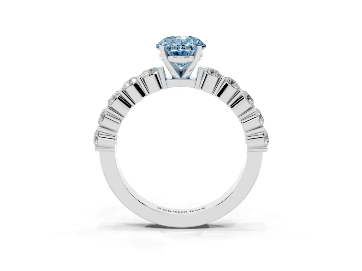 Fancy Blue Oval Cut Diamond Solitaire Ring with Shared Prong Round Side Stones Silver