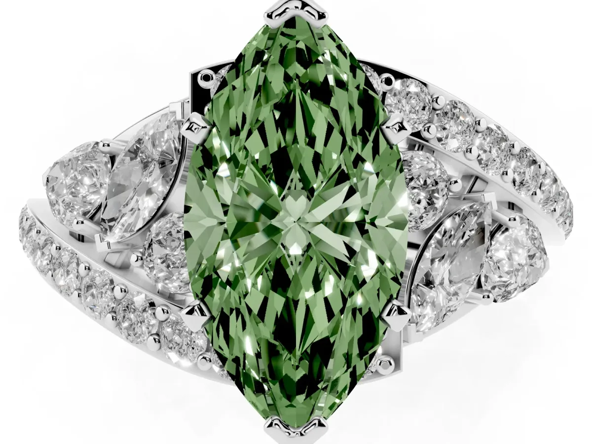 Fancy Green Marquise Cut Diamond Halo Ring with Marquise and Pavé Band in Prong Setting Platinum