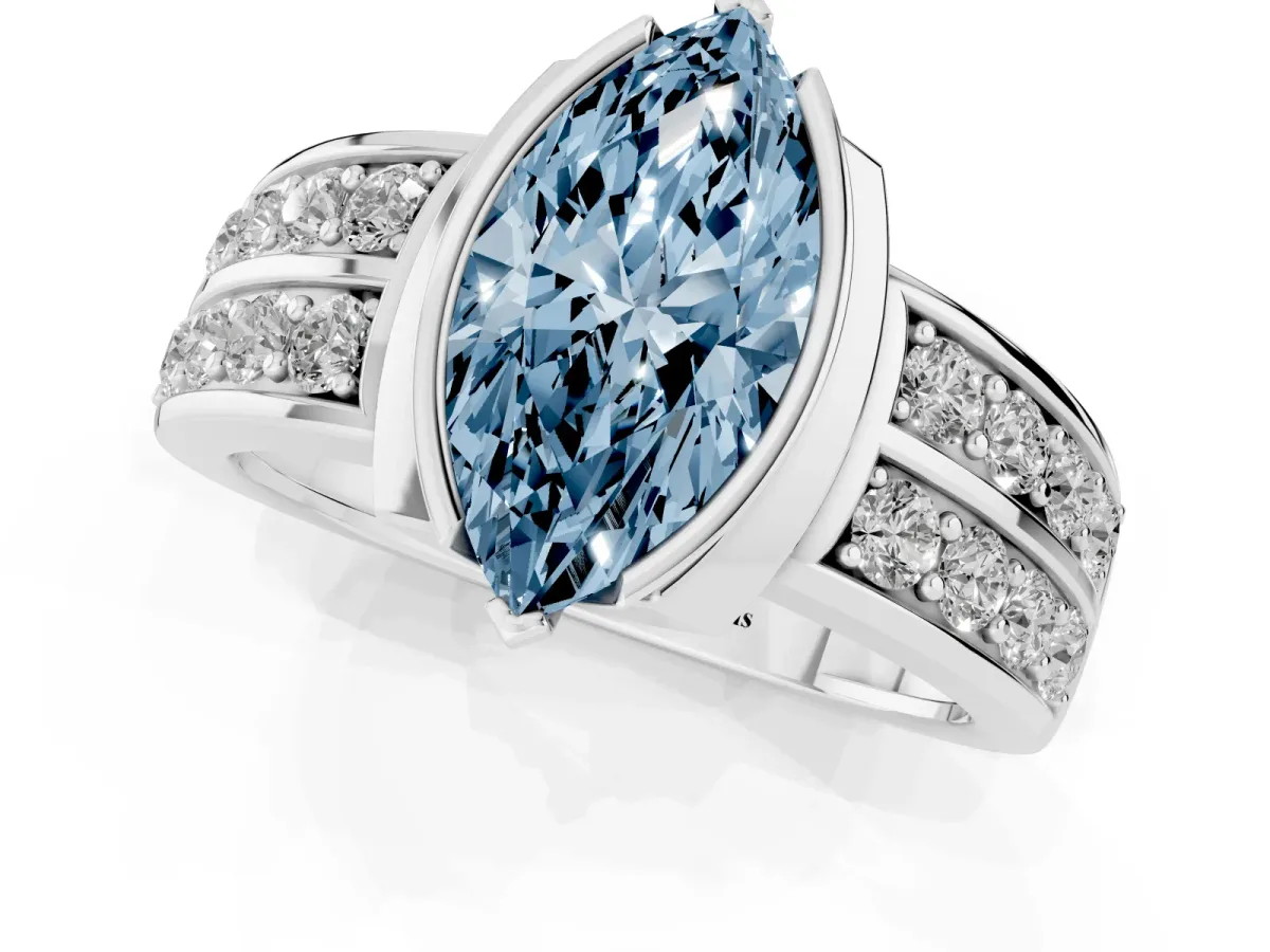 Fancy Blue Marquise Cut Brilliant Diamond Channel Set Wide Band Ring with Bezel Setting Platinum