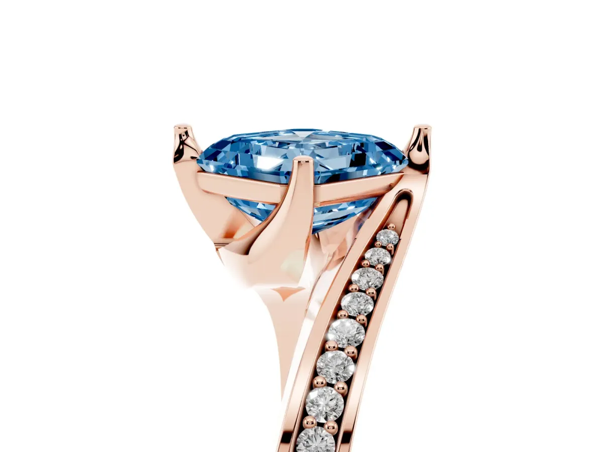 Fancy Blue Asscher Cut Solitaire Diamond Twist Band with Pavé Setting and Four-Prong Setting Rose gold