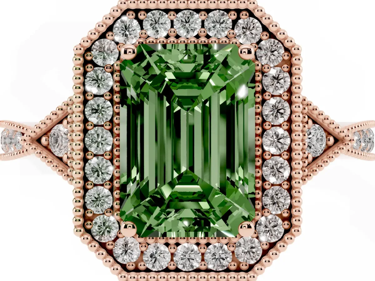 Fancy Green Emerald Cut Halo Round Diamond Milgrain Pave Engagement Ring Rose gold
