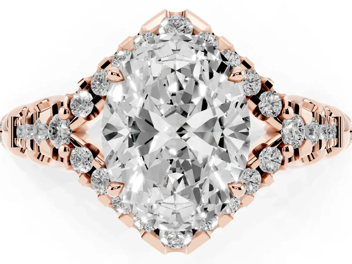Oval Cut Diamond Solitaire Ring with Hidden Halo and Pavé Band Rose gold