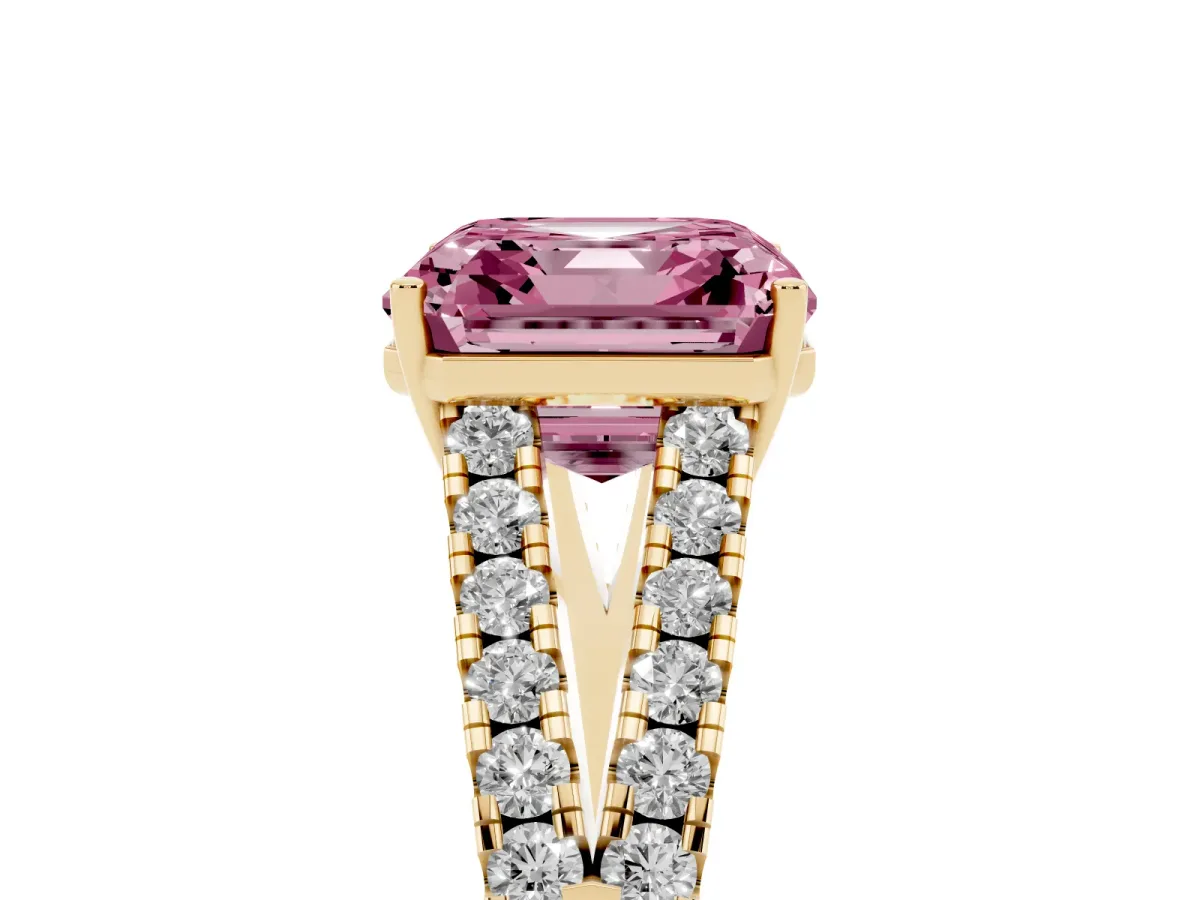 Fancy Pink Asscher Cut Diamond Split Shank Engagement Ring with Round Pavé and Prong Setting Yellow gold
