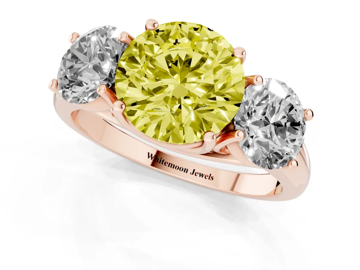 Fancy Yellow Three-Stone Round Cut Diamond Engagement Ring with Prong Setting Rose gold