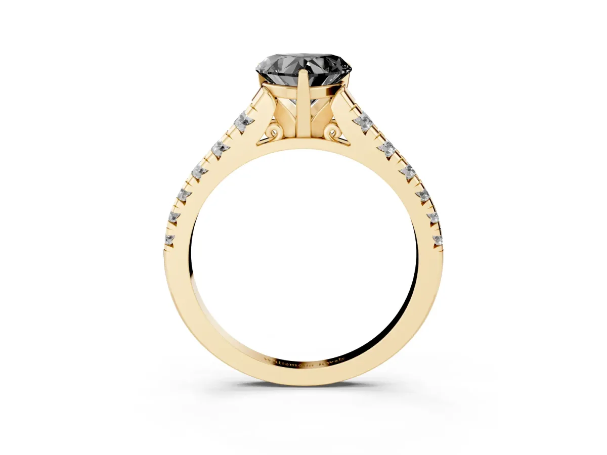 Fancy Black Heart Cut Diamond Cathedral Solitaire Ring with Round Pavé Band Yellow gold