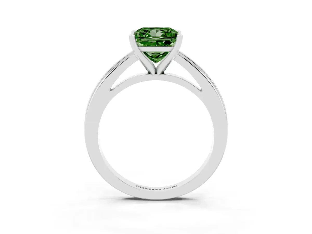 Fancy Green Princess Cut Solitaire Diamond Ring with Four-Prong Setting and Classic Band Platinum