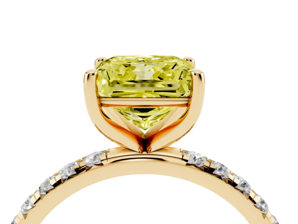 Fancy Yellow Princess Cut Cut Diamond Solitaire Ring with Micro Pave Band and Four Prong Setting Yellow gold
