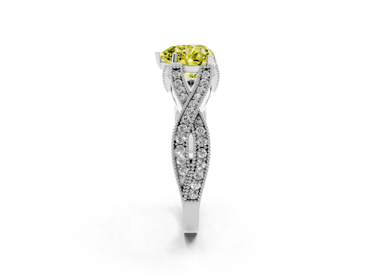 Fancy Yellow Heart Cut Cut Diamond Twisted Band with Milgrain Pave Setting and Four-Prong Setting White gold