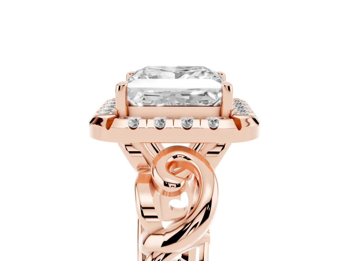 Princess Cut Cut Halo Diamond Ring with Scrollwork Band and Four-Prong Setting Rose gold