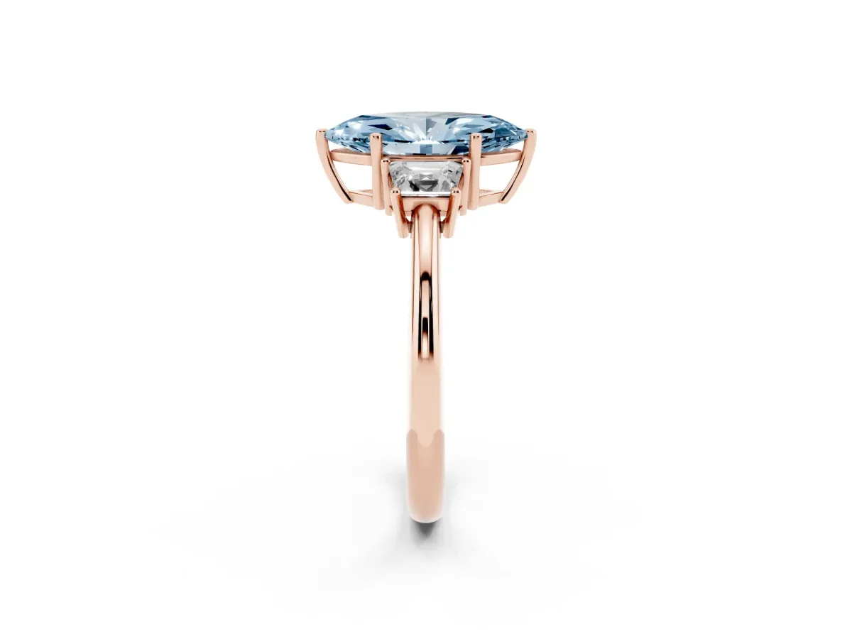 Fancy Blue Marquise Cut Diamond Three-Stone Ring with Trapezoid Side Stones and Prong Setting Rose gold