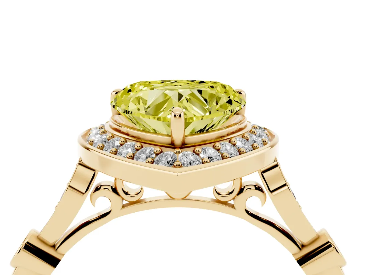 Fancy Yellow Heart Cut Halo Diamond Engagement Ring with Twisted Band and Four-Prong Setting Yellow gold
