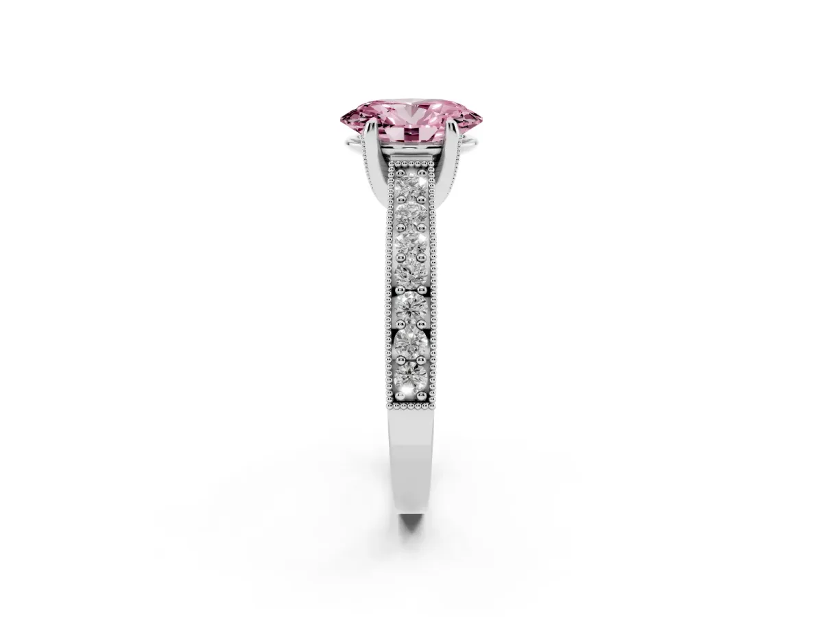 Fancy Pink Oval Cut Cut Diamond Solitaire Ring with Milgrain Pave Band and Four Prong Setting Silver