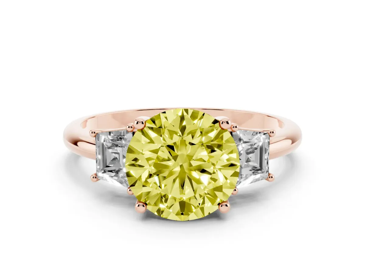Fancy Yellow Round Cut Diamond Three-Stone Ring with Trapezoid Side Stones and Prong Setting Rose gold