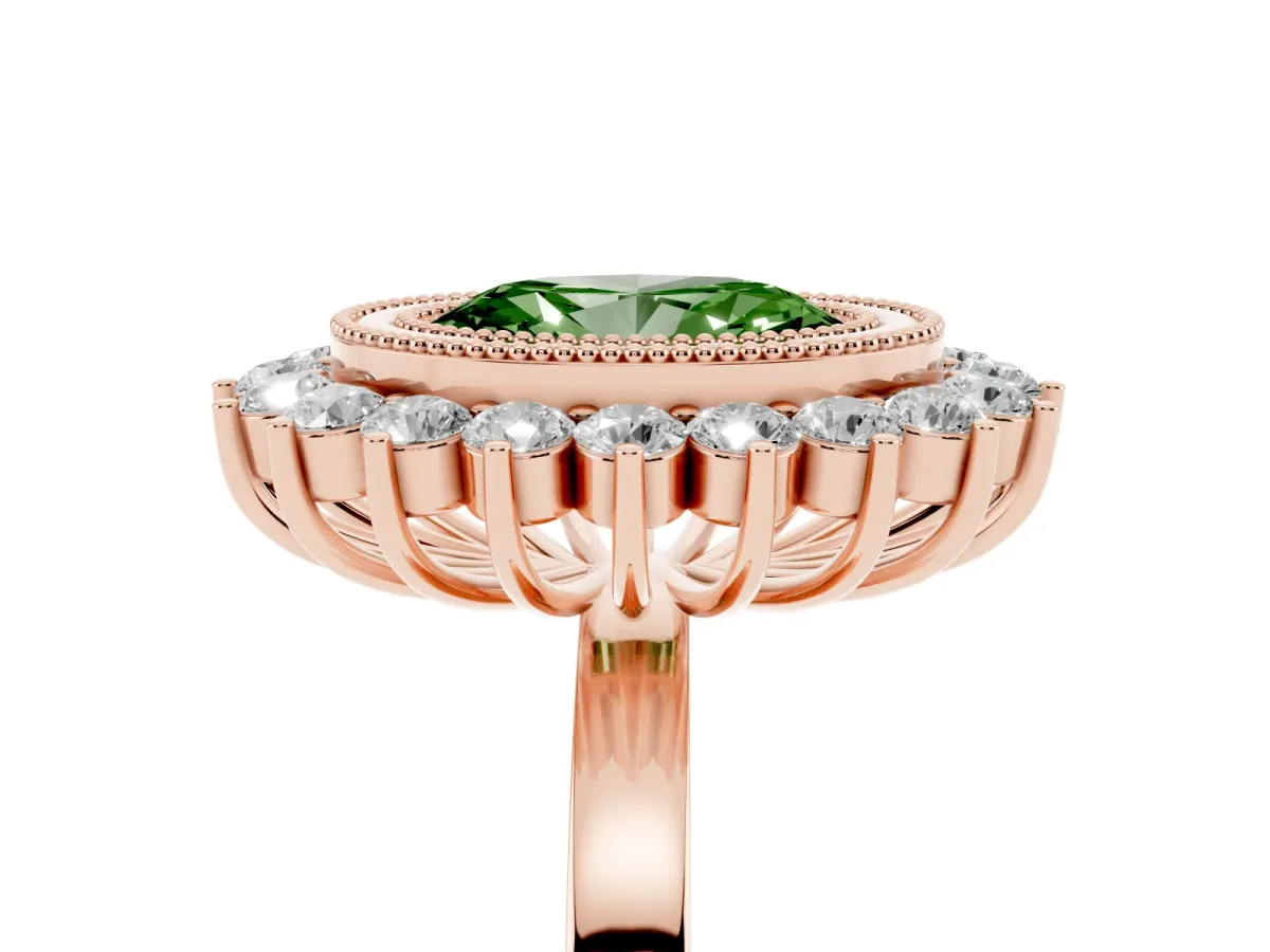 Fancy Green Oval Cut Halo Diamond Ring with Milgrain Edge and Round Prong Setting Rose gold