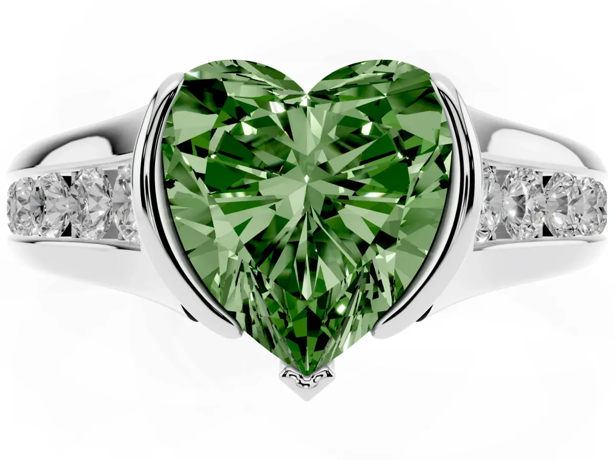 Fancy Green Heart Cut Solitaire Bezel-Set Diamond Ring with Channel-Set Band Silver
