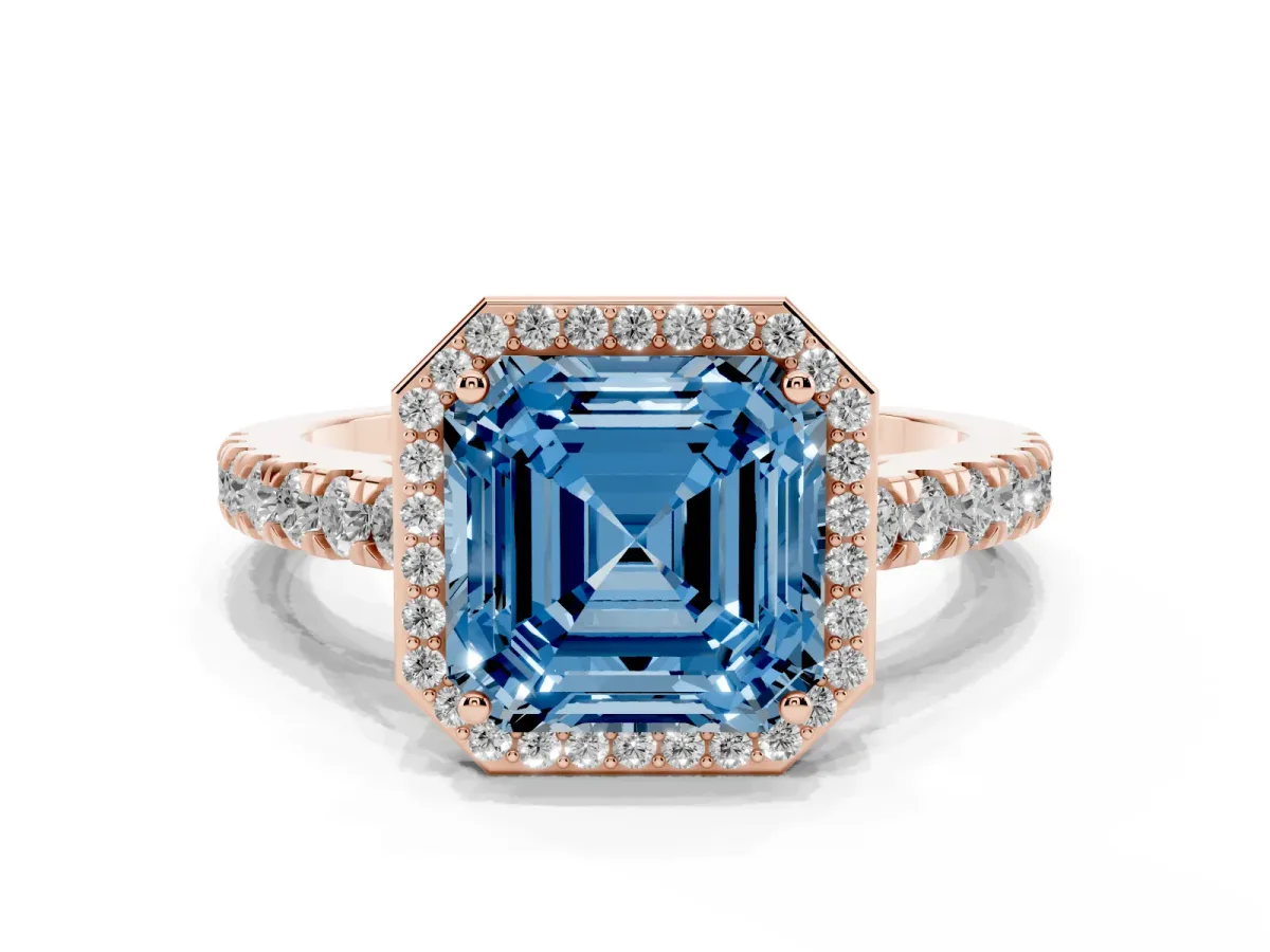 Fancy Blue Asscher Cut Cut Halo Diamond Engagement Ring with Pave Band and Four-Prong Setting Rose gold