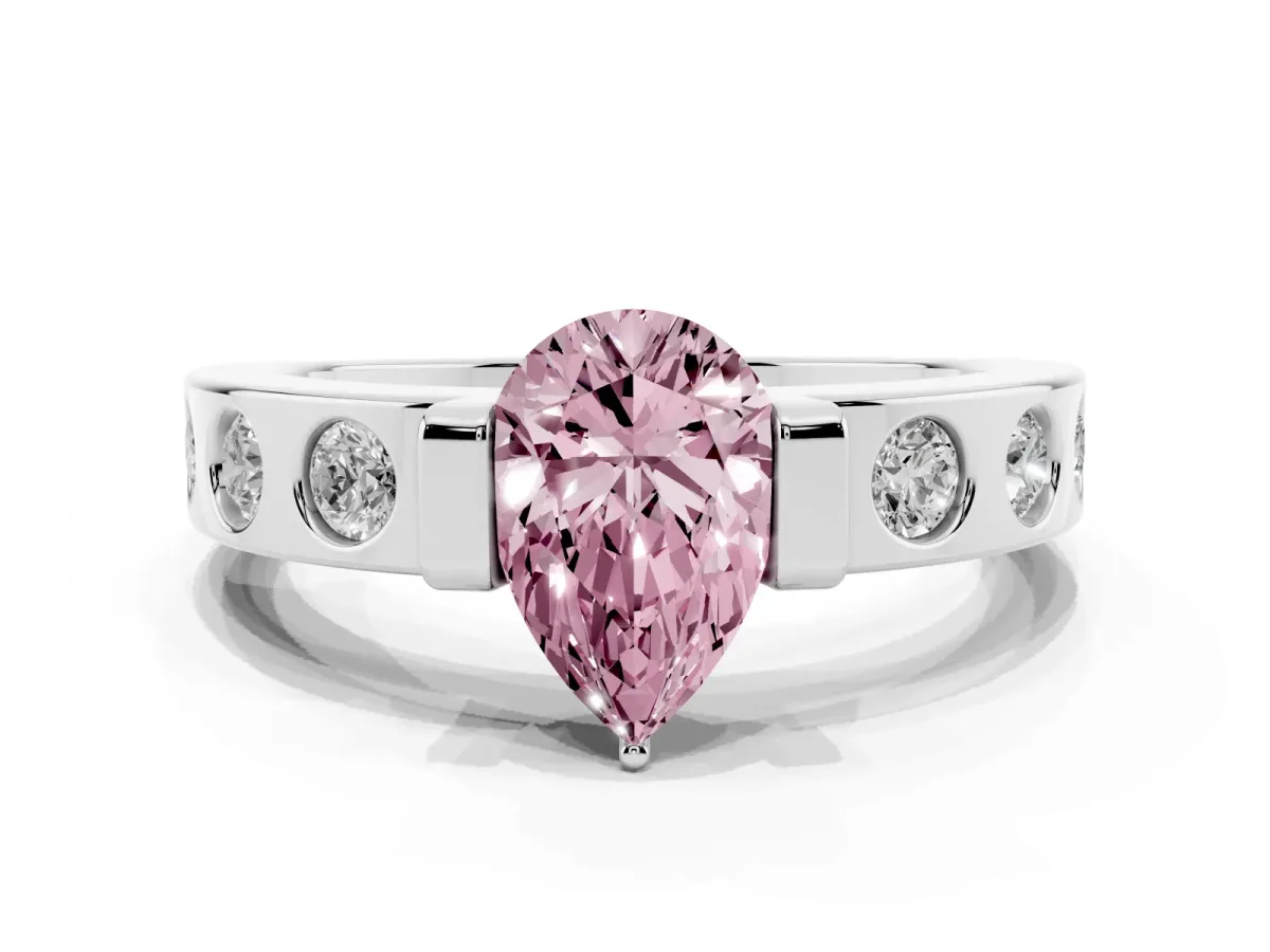 Fancy Pink Pear Cut Brilliant Channel-Set Diamond Ring with Bezel Prong Setting Silver