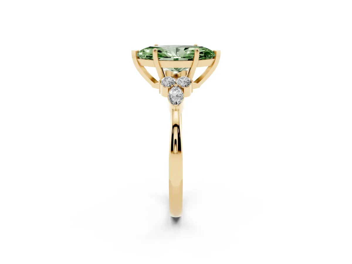 Fancy Green Marquise Cut Brilliant Diamond Solitaire Ring with Pear Side Stones and Four-Prong Setting Yellow gold