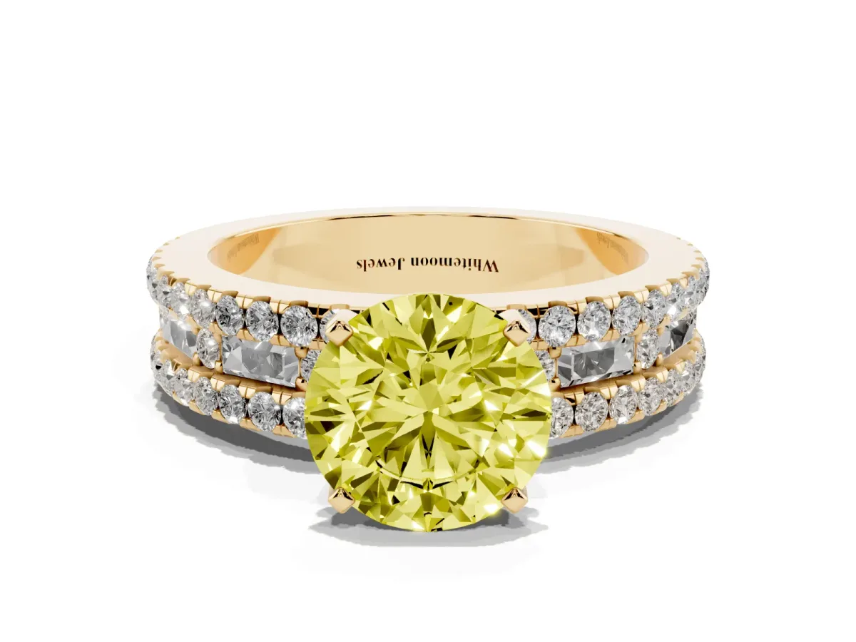 Fancy Yellow Round Cut Diamond Solitaire Ring with Pavé and Channel Set Band Yellow gold