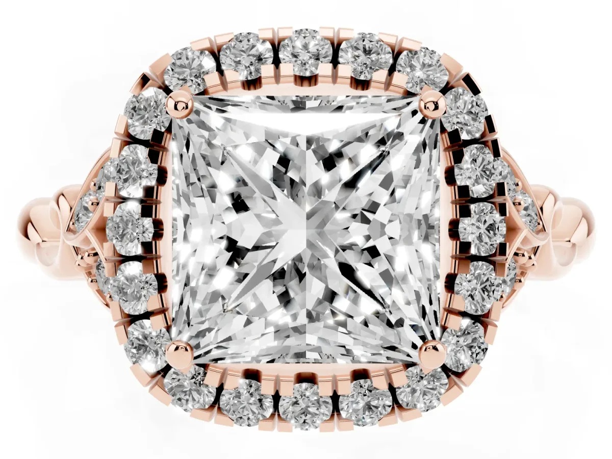 Princess Cut Halo Diamond Engagement Ring with Vintage-Inspired Band and Four-Prong Setting Rose gold